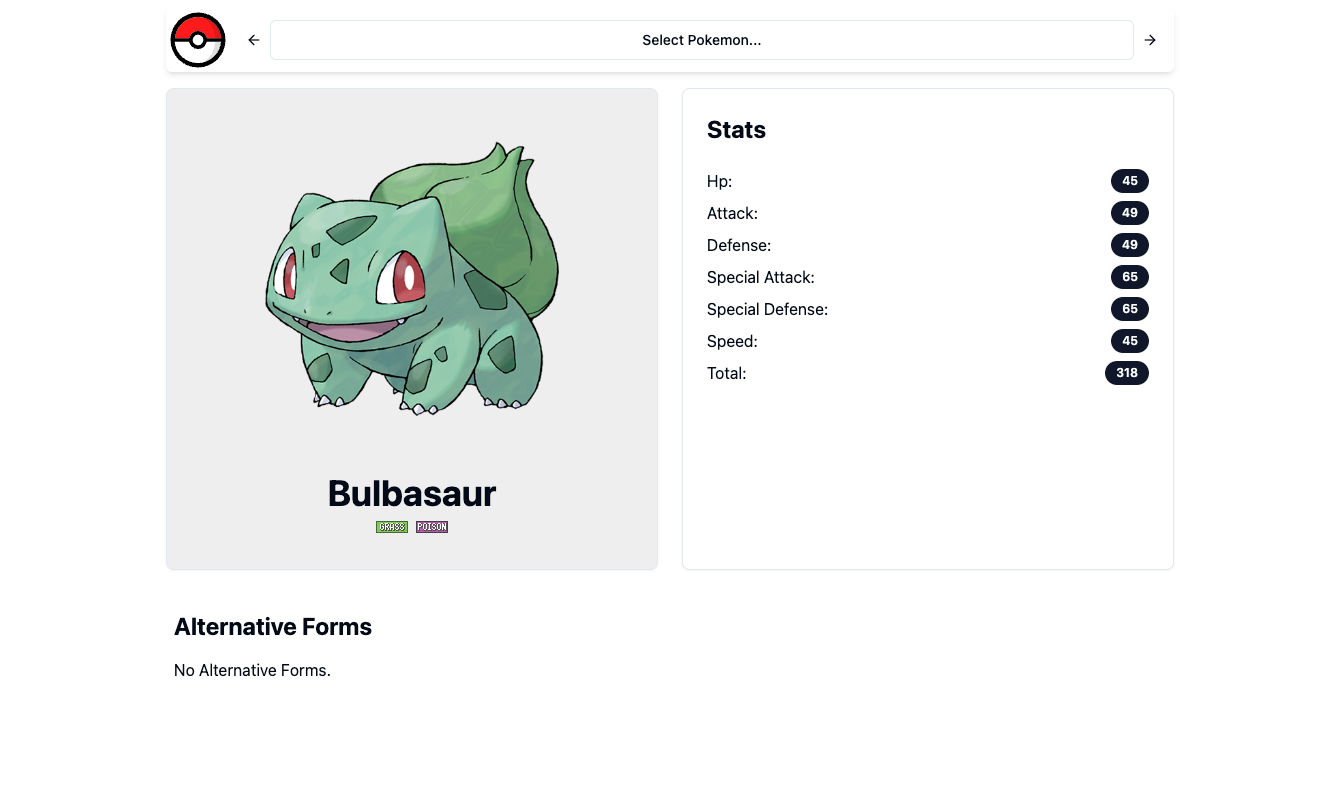 A picture of a Bulbasaur with its stats and typing next to it