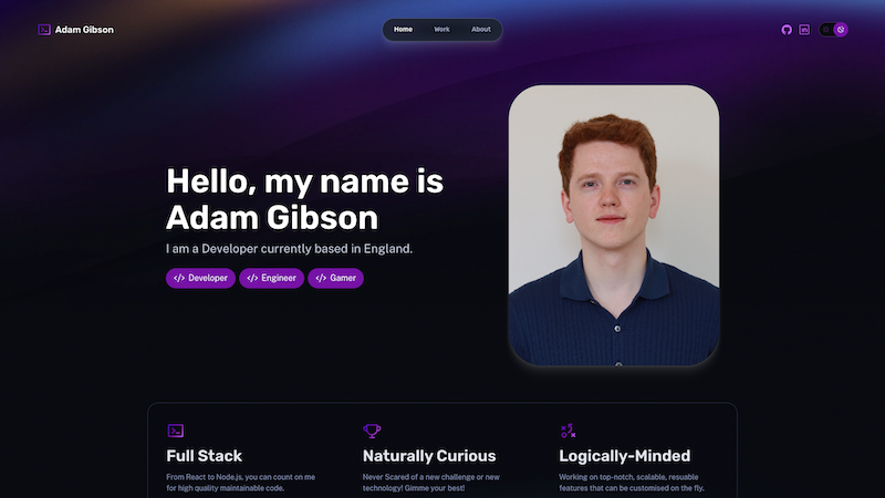 A screenshot of the main page of this portfolio website